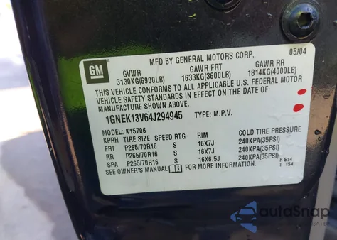 2004 Chevrolet Tahoe Ls из США, поврежденный, VIN 1GNEK13V64J294945